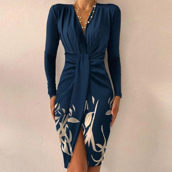 Floral Blue V-Neckline Ruched Front Slit Mini Dress