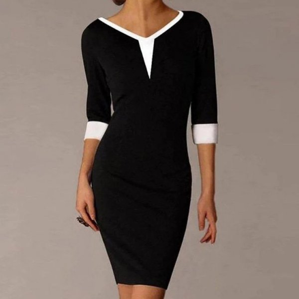 White Trim Solid Black Work Mini Dress